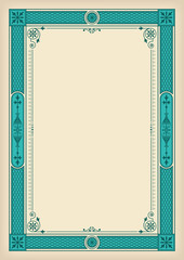 Rectangular ornate framework. Turquoise and faded paper colors. Decorative elements. A4 page proportions.