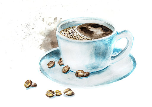 Hand drawn Cup of Coffee watercolor illustration isolated on white