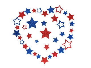 Heart lined from glittering stars in the colors of the American flag, Concept Love USA...
