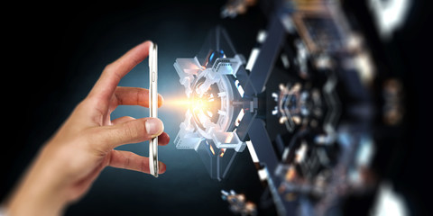 Hand and technology managing concept. Mixed media