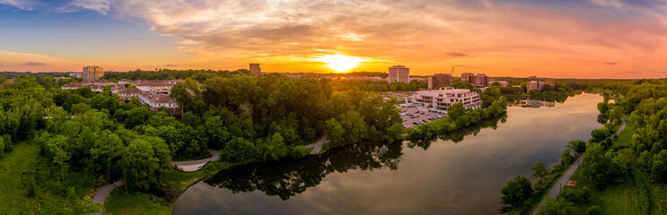 Aerial sunset panorama of Columbia Town Center in Maryland new Washington DC with office buildings...