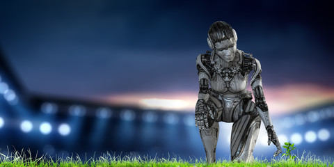 Fototapeta na wymiar Cyborg silver woman sitting on one knee and smiling