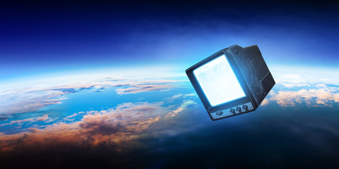 Retro TV flying in space
