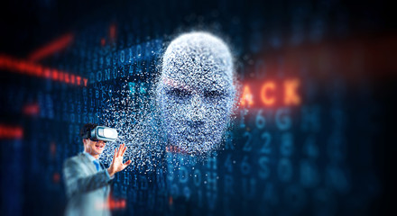 Digital head, artificial intelligence and virtual reality. Mixed media
