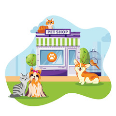 Pet store or vet clinic facade vector flat cartoon illustration. Cats and dogs sitting near animal shop building