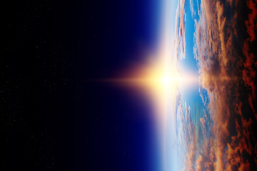 Sunrise on planet orbit, space beauty