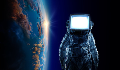 Astronaut with TV head in space. Mixed media.