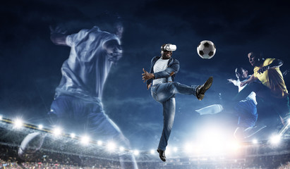 Virtual Reality headset on a black male playing soccer