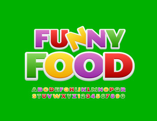 Vector bright logotype Funny Food with colorful Uppercase Font. Modern Children Alphabet Letters and Numbers