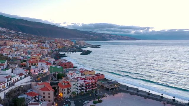 Aerial View of Candelaria - City, Atlantic Ocean and Basilica near the capital of the island - Santa Cruz de Tenerife on the Atlantic coast. Tenerife, Canary Islands, Spain