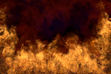 Flames from both the corners and bottom - fire 3D illustration of melting hell, half frame with scary heavy smoke isolated on black background