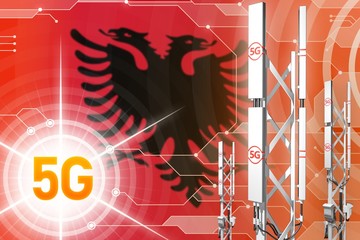 Albania 5G industrial illustration, large cellular network mast or tower on digital background with the flag - 3D Illustration
