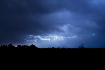 Horizontal lightning bolt with many side branches travels through the sky over a forest