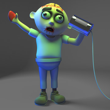 Silly undead zombie monster tries to call someone on his tin can, 3d illustration