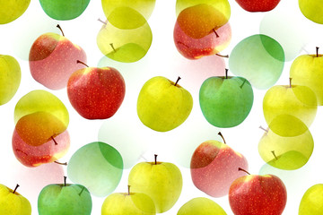 Red, green and yellow apples on a white background.