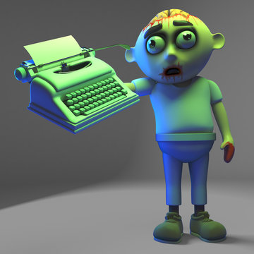 Literary zombie monster has purchased a typewriter, 3d illustration
