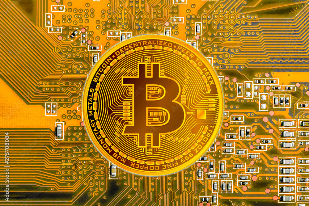 Poster bitcoins and new virtual money concept.gold bitcoins with candle stick graph chart and digital backg