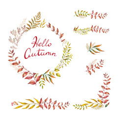 Herbal mix vector frame. Hand painted plants, branches and leaves on white background. Natural fall card design.