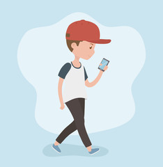 young boy walking using smartphone