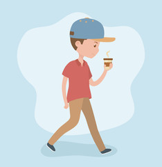 young man with coffee walking avatar character