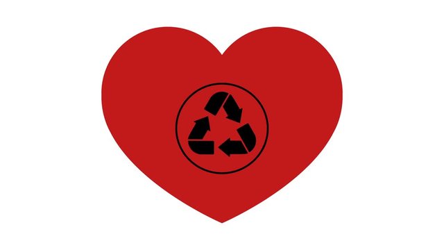 A recycling sign appears inside a red heart on a white background.