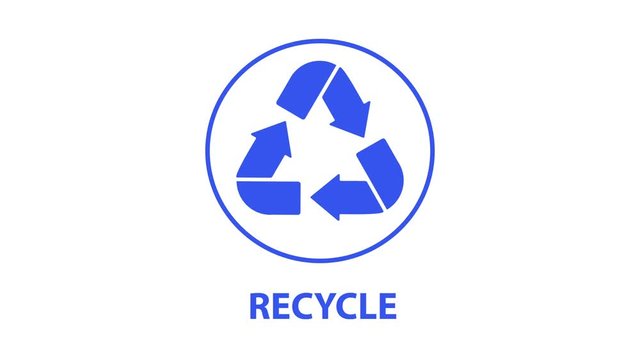 Recycle icon animation. Blue arrows on a white background. Recycle text.