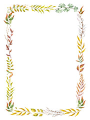 Herbal mix vector frame. Hand painted plants, branches and leaves on white background. Natural fall card design.