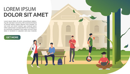 Students relaxing and walking in campus park. Information, university, nature concept. Presentation slide template. Vector illustration for topics like knowledge, relaxation, education © SurfupVector