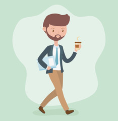 young businessman with coffee walking character