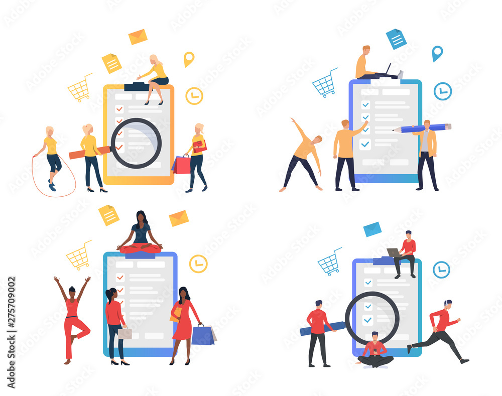Poster collection of people carrying out cases from to-do lists. flat cartoon characters putting check mark
