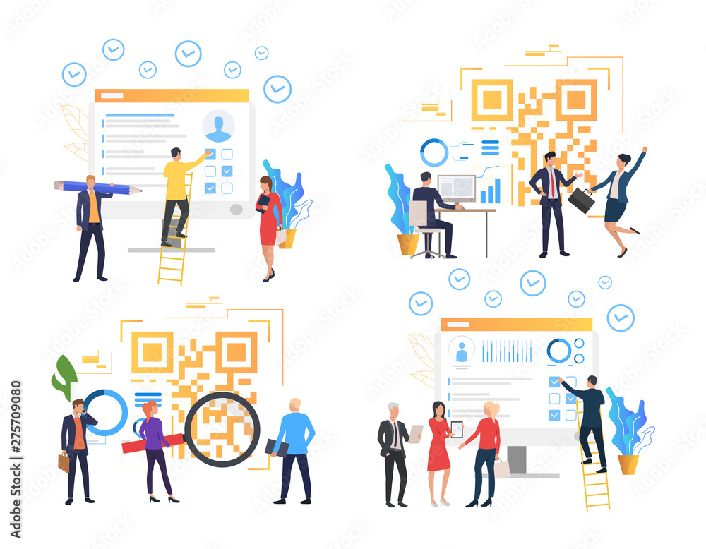 Poster collection of people working on web site. busy people scanning barcodes and creating landing pages. 