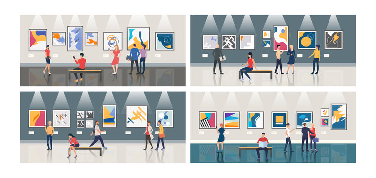 Collection of people in art museum. Flat cartoon characters watching pictures in gallery. Can be used for advertisement, art event, artwork exhibition
