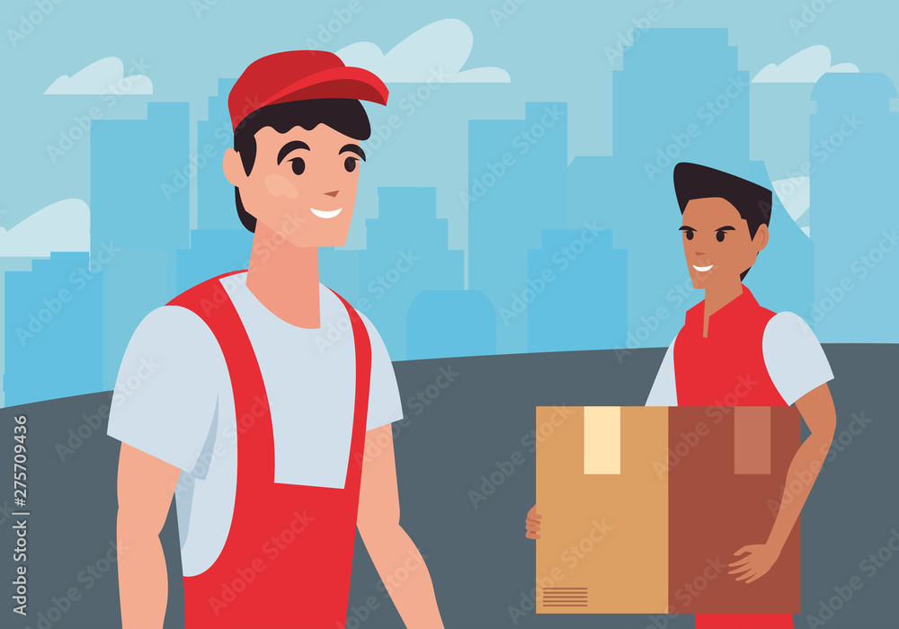 Poster worker men with package fast delivery logistic icon vectorillustrate