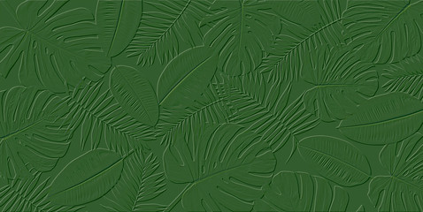 Horizontal artwork composition of trendy tropical green leaves - monstera, palm and ficus elastica...