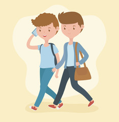 Fototapeta premium young boys walking using smartphones