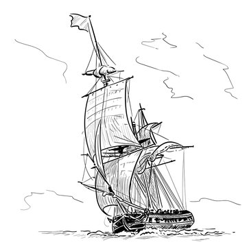 Sailing Ship Vintage Frigate On The Waves. Hand Drawn Vector Illustration. Hand Sketch. Illustration.