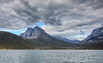Landscape Greenland, beautiful Nuuk fjord, ocean with mountains background