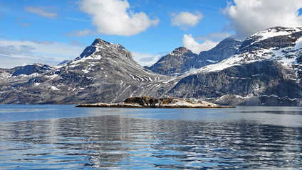 Landscape Greenland, beautiful Nuuk fjord, ocean with mountains background