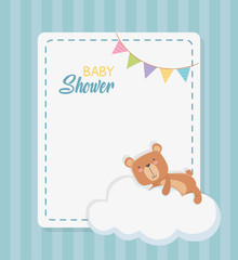 baby shower square card with little bear teddy in cloud