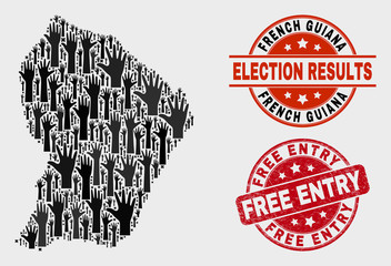 Election French Guiana map and seal stamps. Red rounded Free Entry distress seal. Black French Guiana map mosaic of raised up election arms. Vector collage for ballot results, with Free Entry seal.