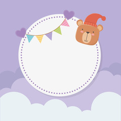 baby shower circular card with bear teddy and garlands