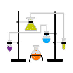 Science experiment with different flasks and liquids - Vector