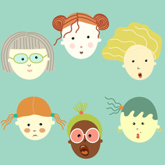 Fototapeta premium Set of cute cartoon portraits of young women on the blue background - with emotion. Different nationalities female faces. Vector design. mood.