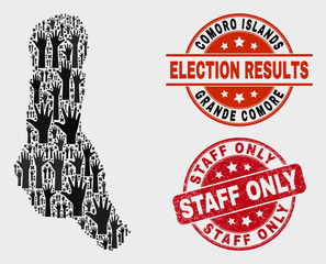 Democracy Grande Comore Island map and seal stamps. Red round Staff Only distress seal stamp. Black Grande Comore Island map mosaic of raised up volunteer hands.