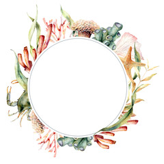 Watercolor circle border with coral reef plants. Hand painted seaweeds, crab and starfish isolated on white background. Nautical template. Illustration for design, print, fabric or background. © yuliya_derbisheva