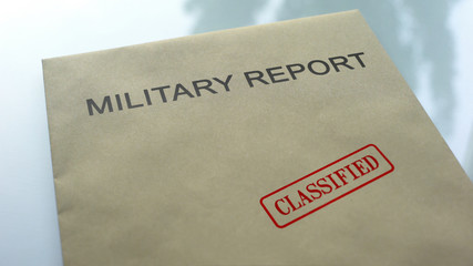 Military report classified, seal stamped on folder with important documents