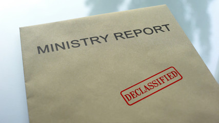 Ministry report declassified, seal stamped on folder with important documents