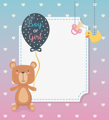 baby shower card with little bear teddy and balloons helium