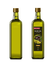 Olive oil glass bottles with olive oil splash. Vector realistic template design