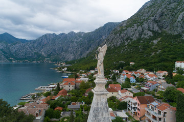 spire of the church of Saint Eustace in Dobrota, aerial view,